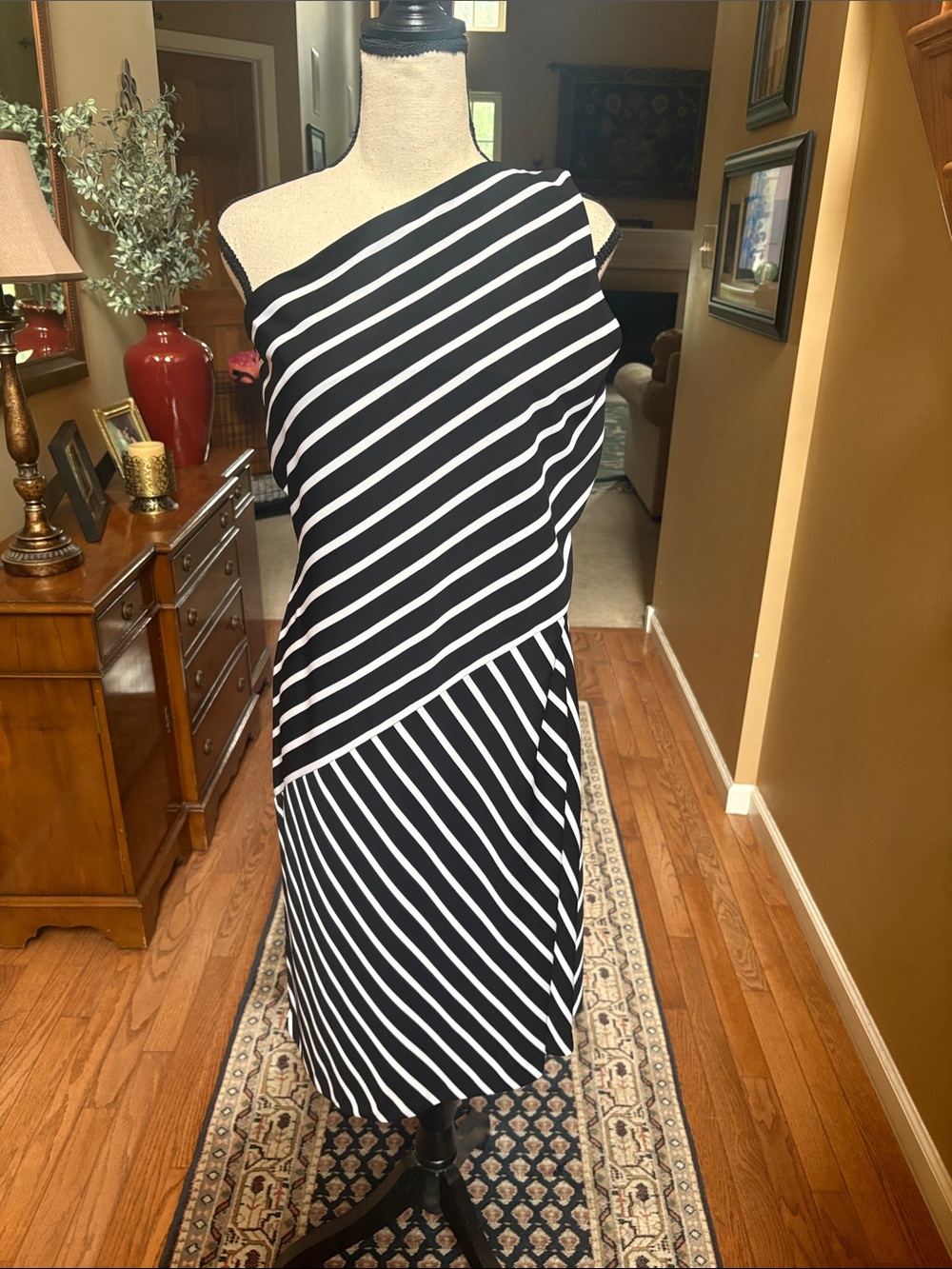 Ralph Lauren Black and White One-Shoulder Striped Dress